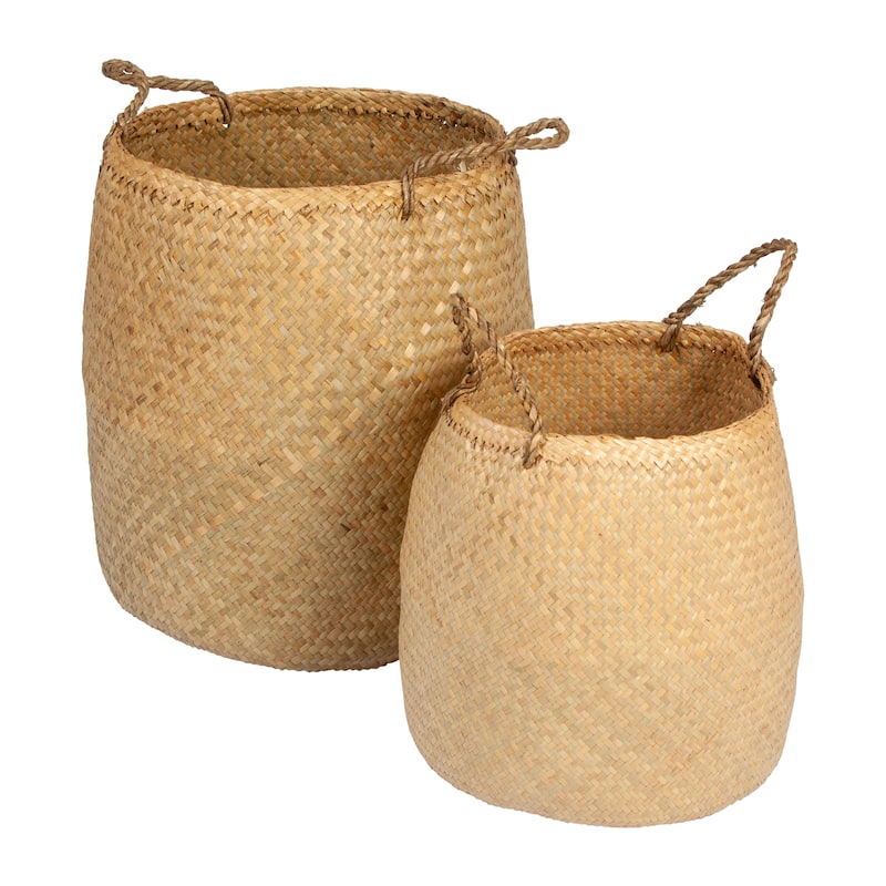 Beige Woven Seagrass Basket with Handles (Set of 2 Sizes)