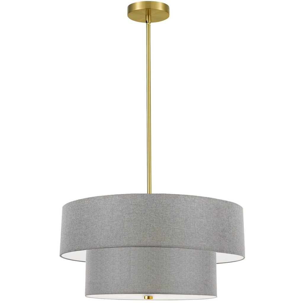 4 Light Two Tier Pendant with Gray Fabric Drum Shade and Antique Brass Frame for Modern Dining or Living Room - 20