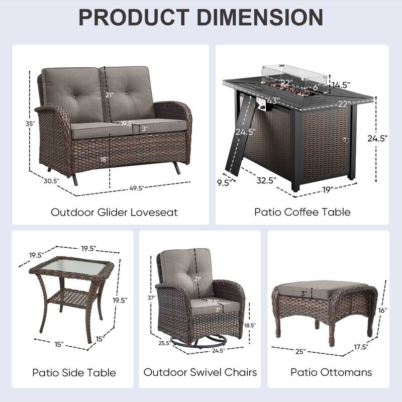 Patio Sofa Swivel Chair with Propane Fire Pit Table