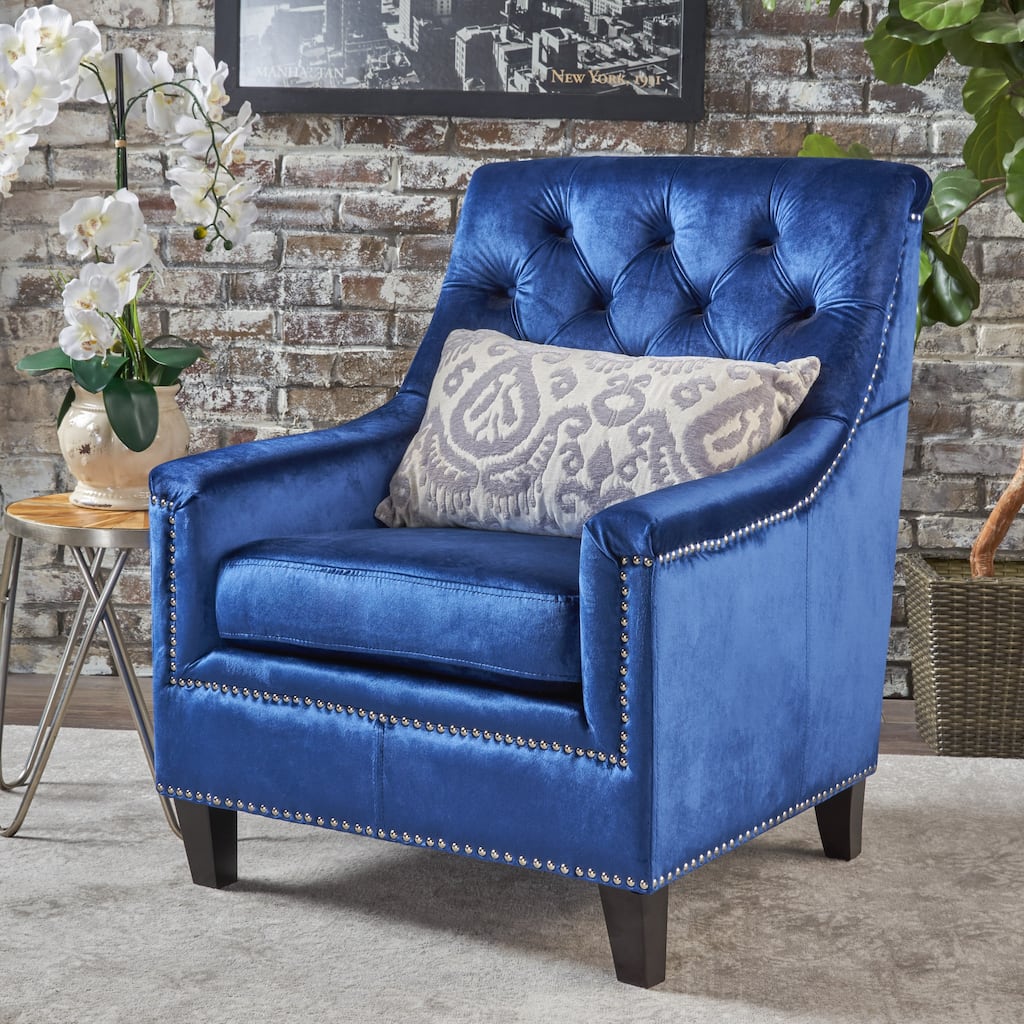 Roomfitters Velvet Tufted Club Chair, Upholstered Armchair with Nailhead Trim and Wood Legs for Living Room, Navy Blue