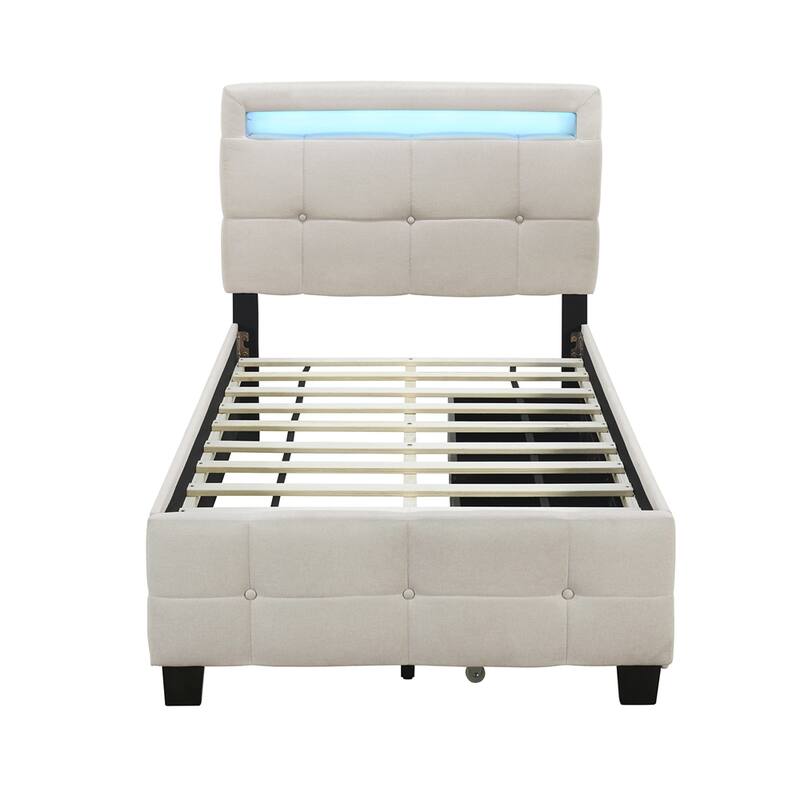 Twin Size Upholstered Platform Bed with LED Frame and 2 Drawers