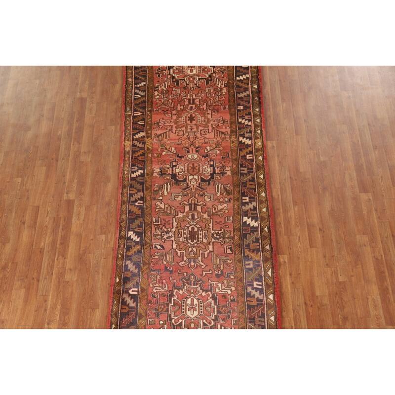 Geometric Pink Heriz Persian Vintage Runner Rug Handmade Wool Carpet - 3'10"x 10'1"