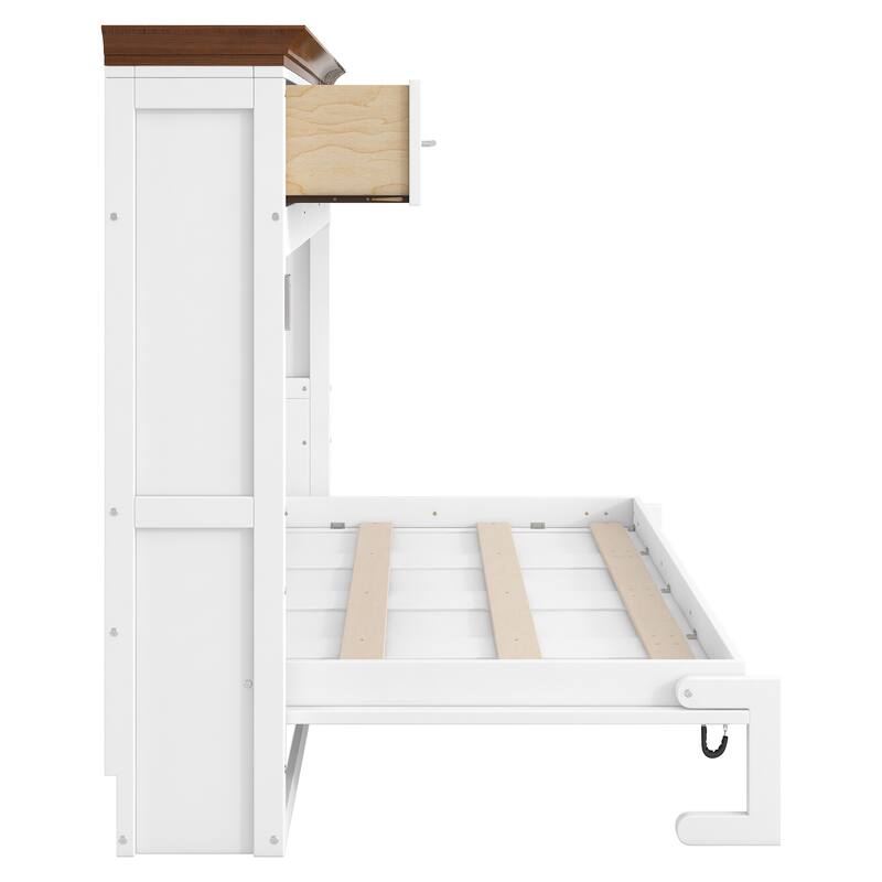 Twin Size Murphy Bed with 3 Drawers White Foldable Platform Bed Convertible Cube Cabinet Space Saving Storage Bed Frame