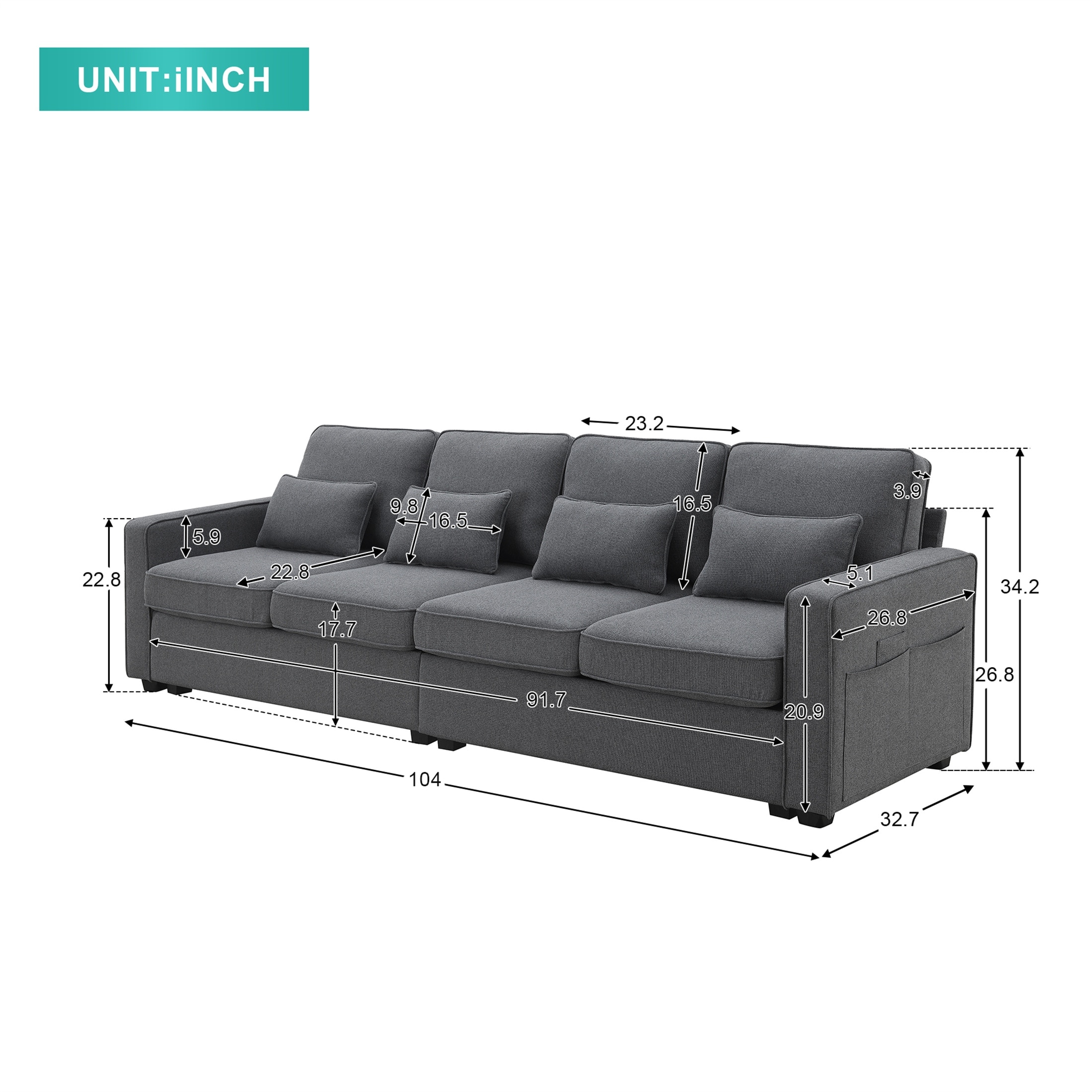 4-Seater Modern Linen Fabric Sofa with Armrest Pockets - Light Grey