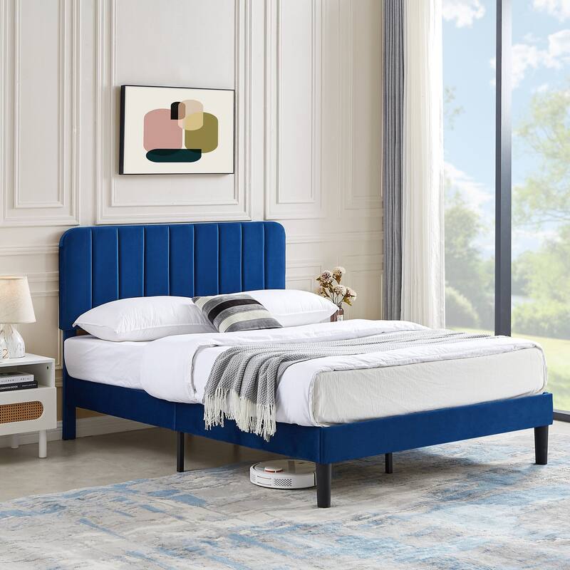 Javlergo Upholstered Platform Bed Frames with Height Adjustable Headboard, Sturdy Wooden Slats/Noise-free - Blue - Full