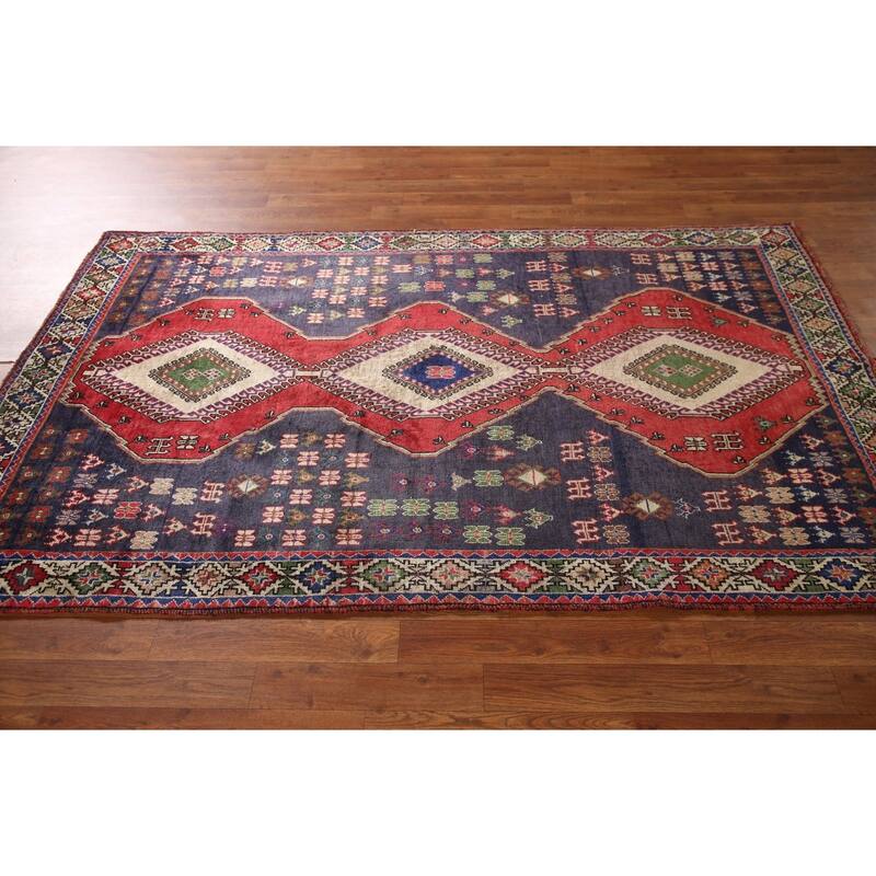 Navy Geometric Yalameh Persian Vintage Rug Hand-knotted Wool Carpet - 4'3"x 7'1"