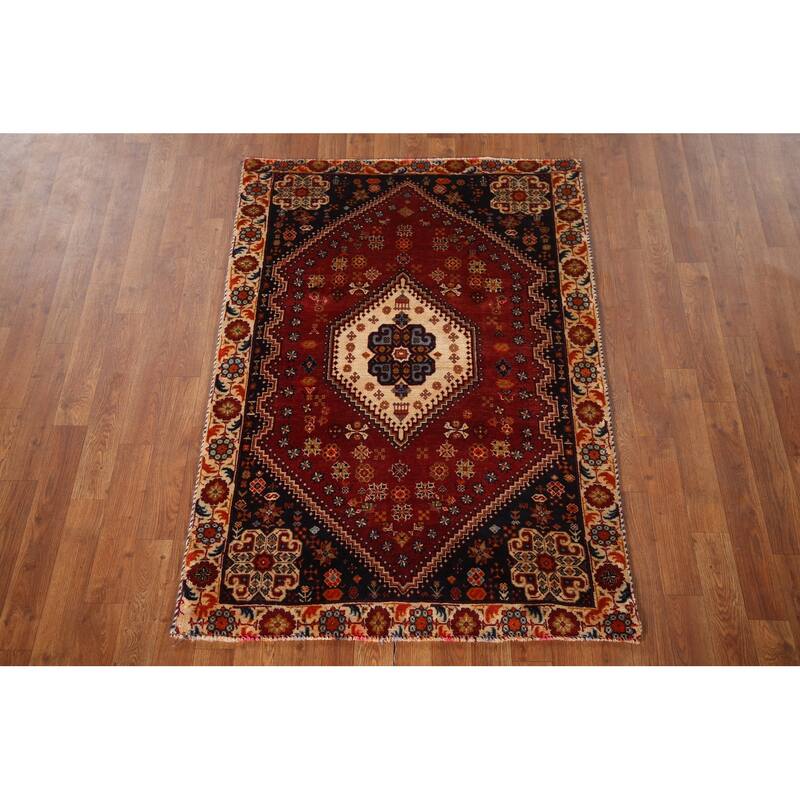 Shiraz Persian Vintage Area Rug Handmade Geometric Red Wool Carpet - 3'2"x 4'10"