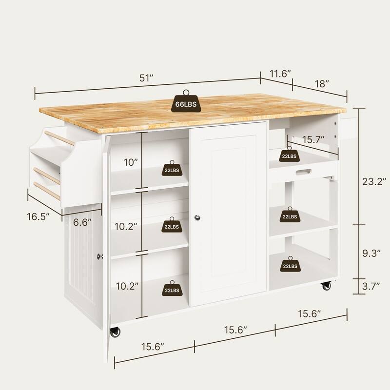 Kitchen Island Cart, Kitchen Island Rolling Trolley Cart with Adjustable Storage Cabinet