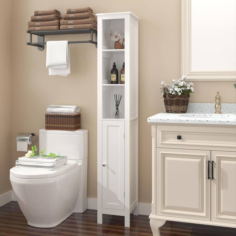 66.92" Tall Storage Cabinet for Bathroom w/ Adjustable Shelves,Slim 1 Doors Freestanding Cabinet w/ Anti-Tip, Open Compartments