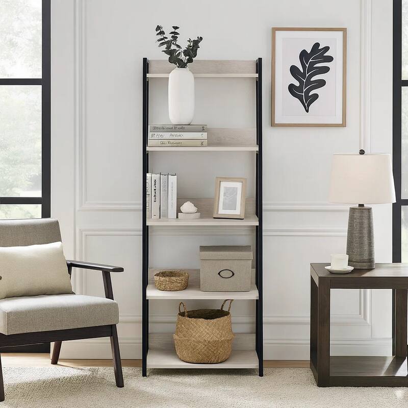 Wooden Frame Bookshelf with 5 Open Compartments, Washed White and Black