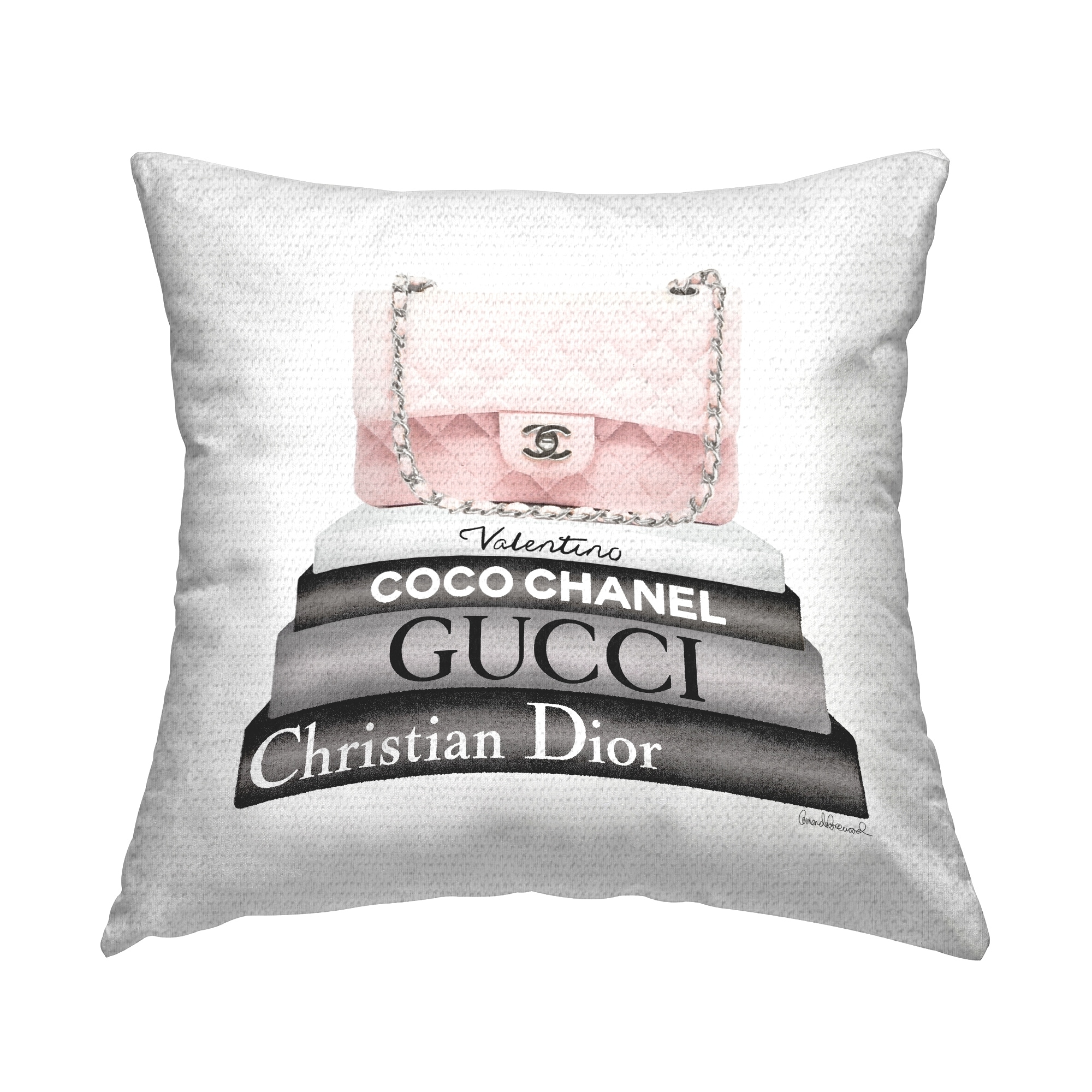 Stupell Pastel Pink Designer Purse Glam Bookstack Printed Outdoor Throw Pillow Design by Amanda Greenwood On Sale Bed Bath Beyond 40229787