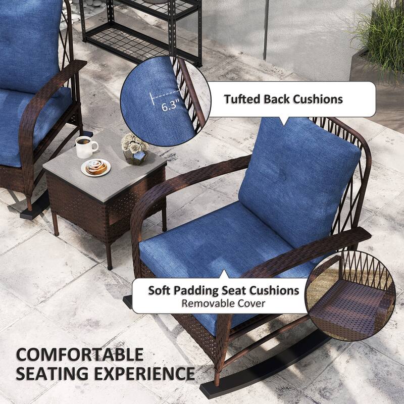 3-Piece Garden Furniture Set with Tufted Cushions Rocking Chairs and Table for Patio - Chair-29.3" W x 33.1" D x 39" H