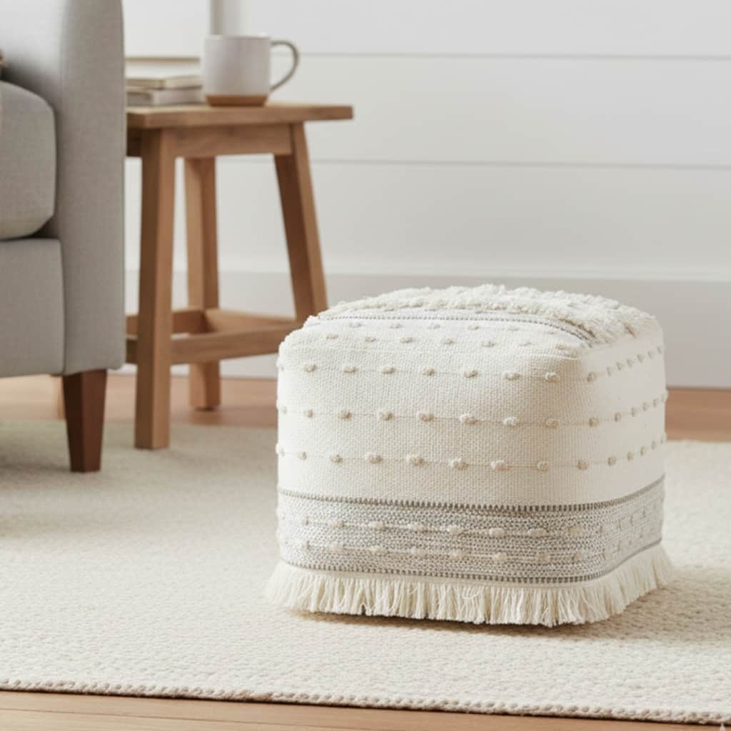 Sevita Ivory and Beige Farmhouse Chic Shag Textured Pouf Ottoman