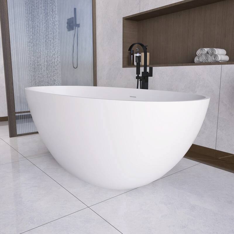 67 Inch Solid Surface Freestanding Soaking Bathtub in Matte White