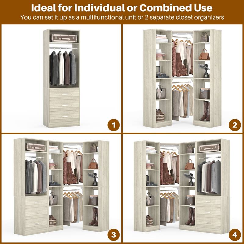 Kyrvo 63.2'' W Set of 2 Freestanding Corner Closet System with 3 Wood Drawers and 3 Hanging Rods for Walk-in/Reach-in Closet