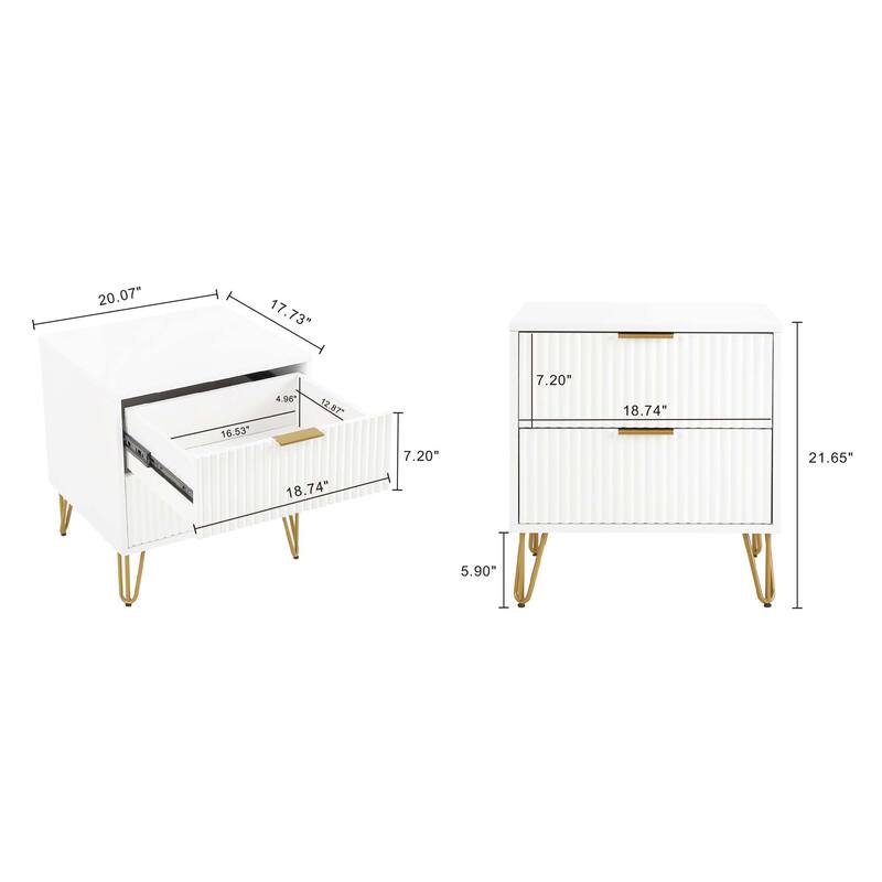 20-Inch White Fluted Nightstand with 2 Drawers and Gold Metal Handles