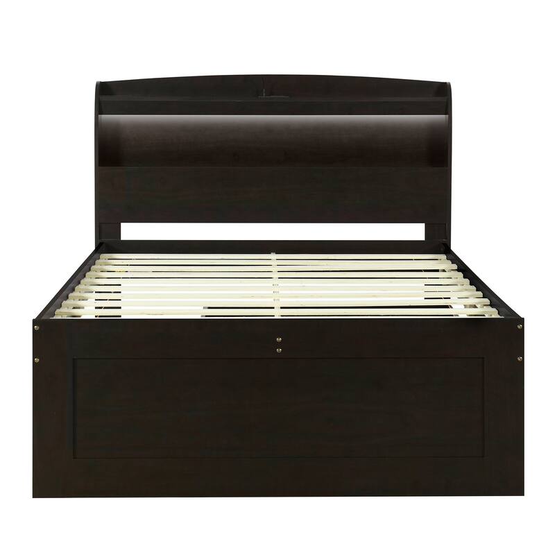 Full XL Size Platform Bed with Storage LED Headboard, Charging Station, Twin Size Trundle, and 2 Drawers