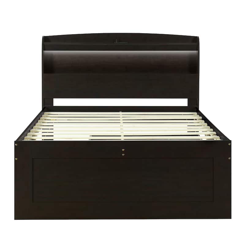 Full XL/Twin XL Platform Bed with Storage LED Headboard, Charging Station, Twin Size Trundle and 2 Drawers
