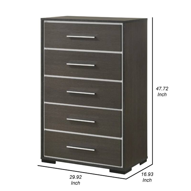 Hez Tall Dresser Chest, 5 Drawers, Silver Trim, Modern Dark Brown Finish