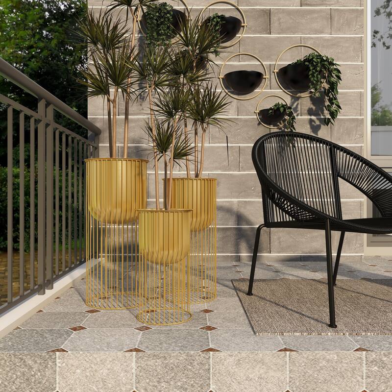 Gold Metal Deep Recessed Dome Indoor Outdoor Planter with Elevated Caged Stand (Set of 3)