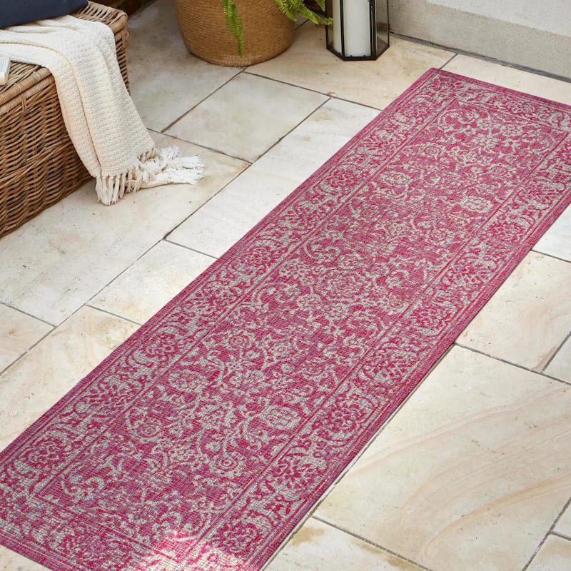 JONATHAN Y Sinjuri Bohemian Textured Weave Floral Indoor/Outdoor Area Rug - 2 X 8 - Fuchsia/Light Gray