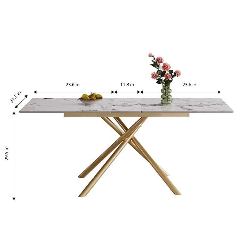 59-inch Modern Round Expandable Dining Table, Burnt Stone Top & Golden Carbon Steel X-Base, Sturdy 4-6 Person Table
