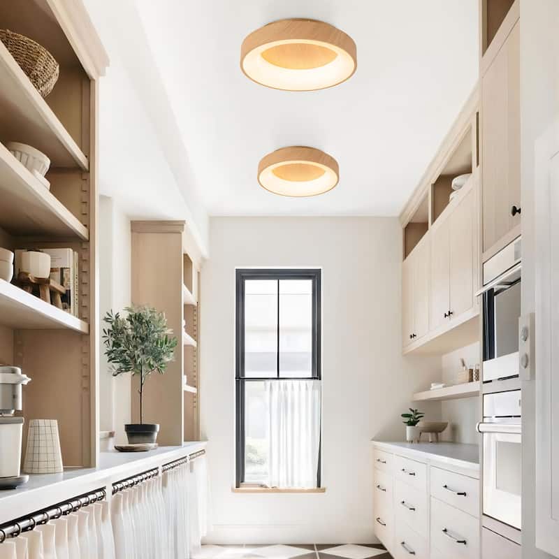 15.7 in. Farmhouse Traditional Metal Round Dome Dimmable Integrated LED 3000K Warm Light Flush Mount Lighting - Wood Grain - Wood Grain