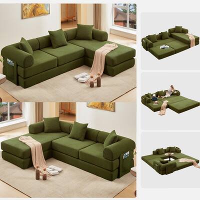 107'' L-Shaped 7-in-1 Corduroy Modular Sectional Sofa Bed, 4-Seat, Green
