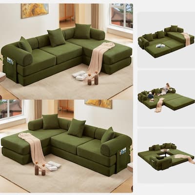 107'' L-Shaped 7-in-1 Corduroy Modular Sectional Sofa Bed, 4-Seat, Green