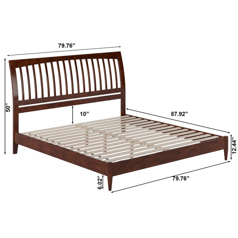 King Size Wood Sleigh Bed - Low Profile Platform Bed Frame - Solid Wood Bed - Walnut Finish
