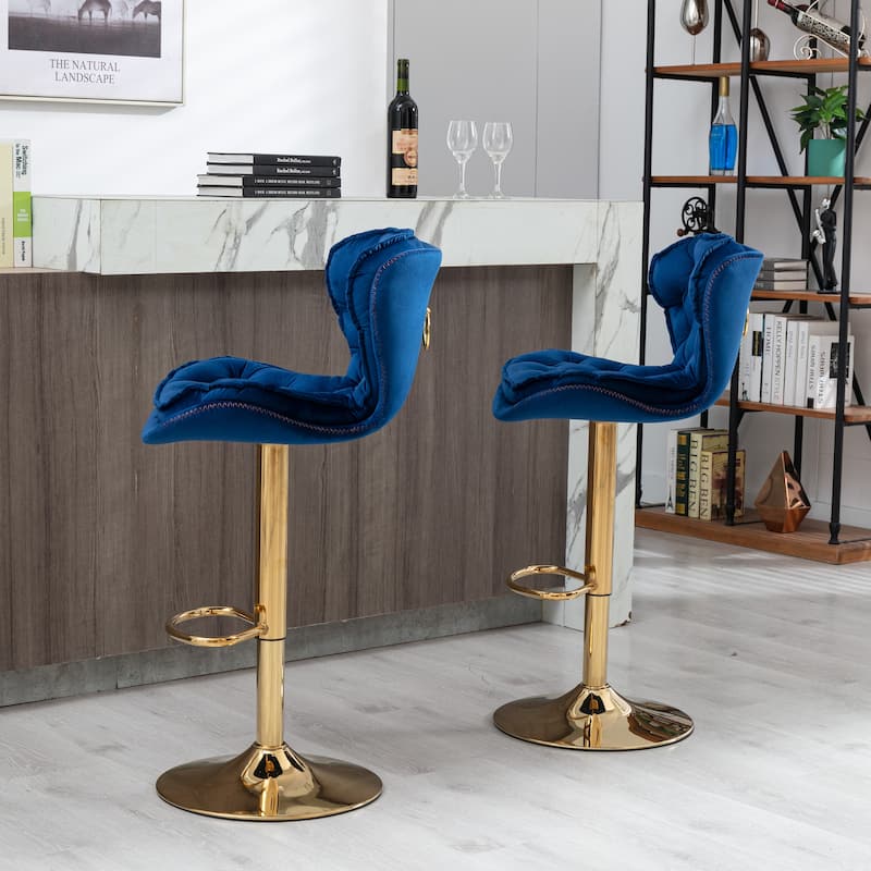 Swivel Height Adjustable Velvet Bar Stools Set of 2,with Golden Footrest and Base