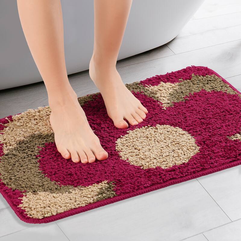 Floral Bath Mat, Plush Shaggy Bathroom Rug, Checked Washable Bath Carpet for Bathroom Floor, Tub and Shower Room - Red Brown - 20" x 32"