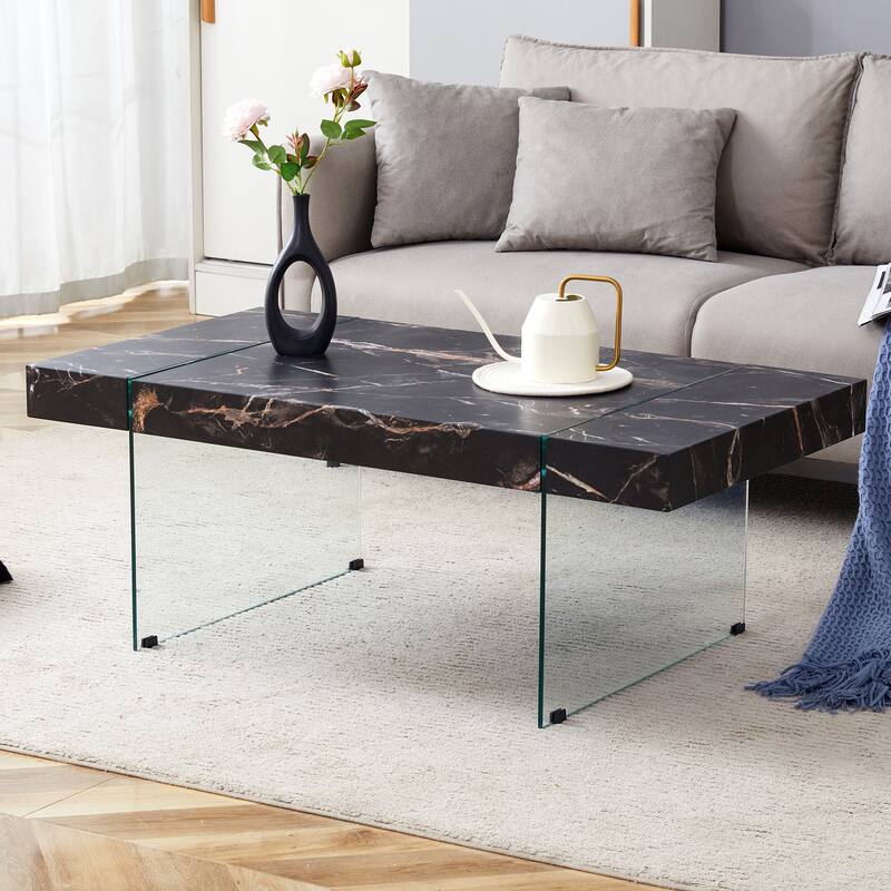 Roomfitters White Marble MDF Coffee Table with Tempered Glass Legs, Side or Display Table for Modern Living Room