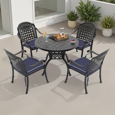 5-Pc Aluminum Patio Set , 4 x Armchairs with Blue Cushions with Round Table
