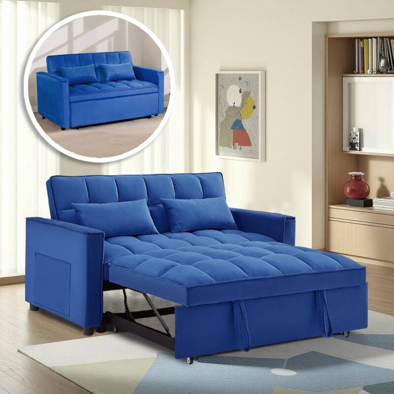 54” Velvet Pull-out Sleeper Sofa Bed,with 3 Adjusting Reclining Back & Storage - Solid Wood Frame,Twin Size-54” x 35.5” x 30”H - Blue