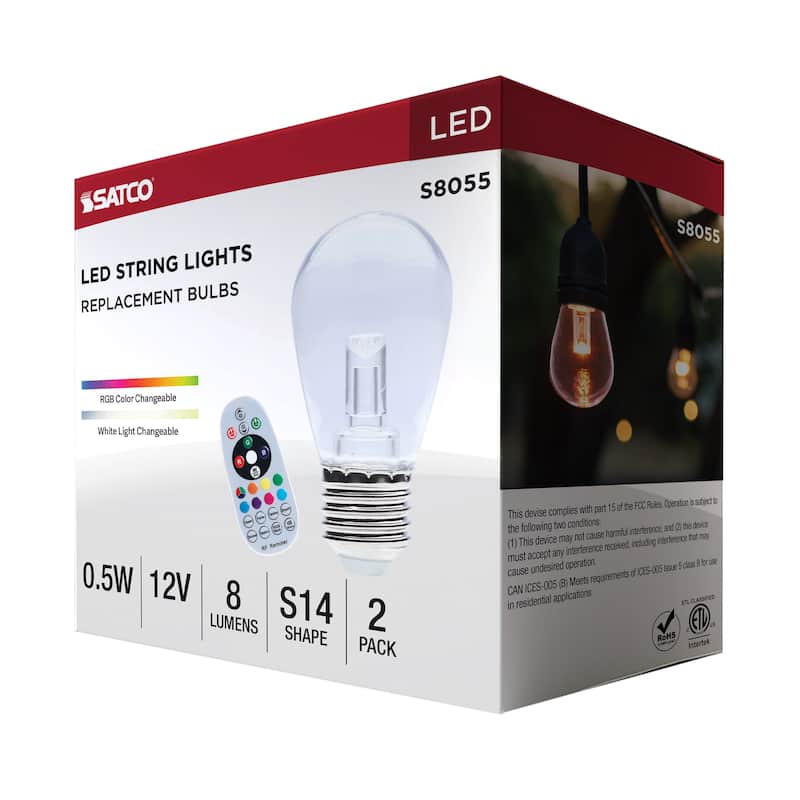 0.5 Watt LED String Light Replacement Lamp S14 Medium Base RGBTW Clear Remote Control 12 Volt 2-Pack