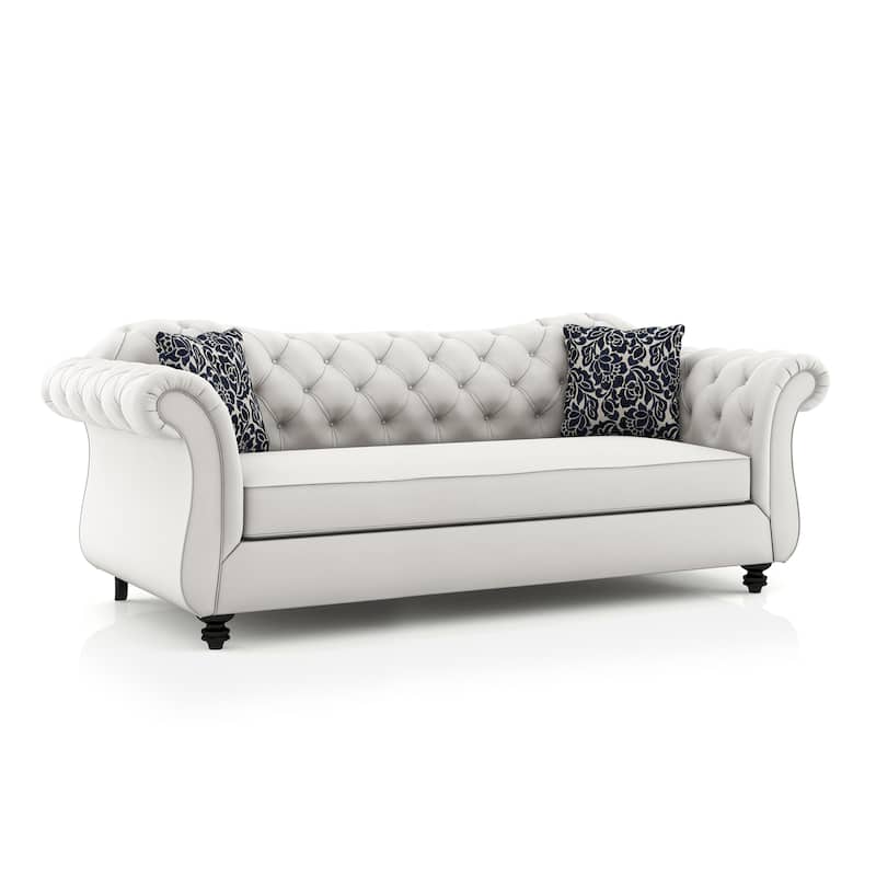 Addae Glam White Fabric Upholstered Rolled Arms Tufted Sofa by Furniture of America