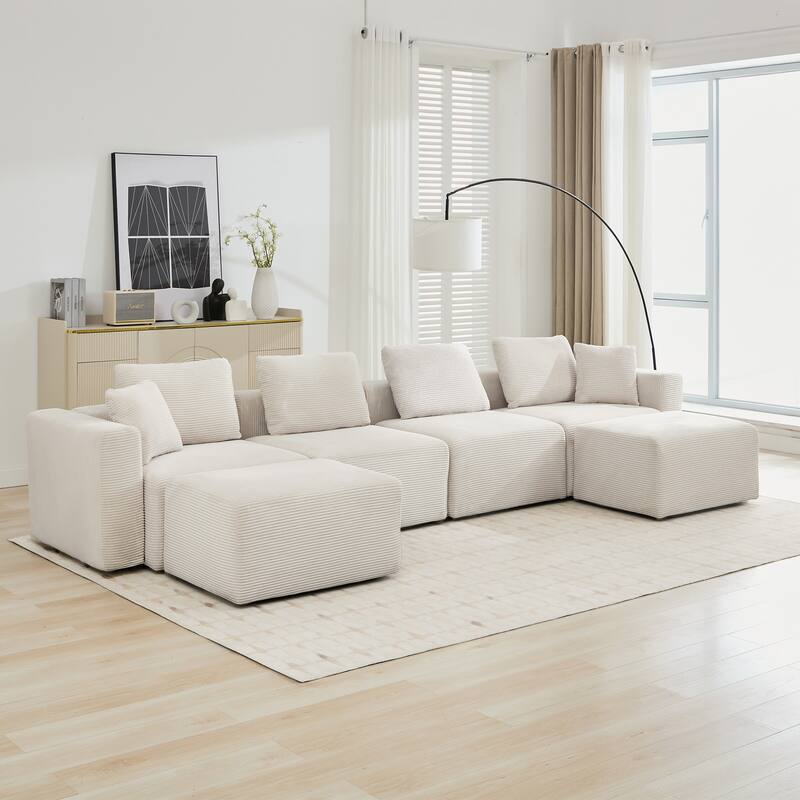 Corduroy Sectional Modular Sofa with Square Arms & Ottoman Extension for Flexible Arrangements