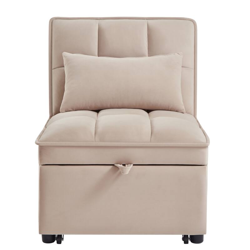Velvet Multi-Function Chair Bed with Adjustable Backrest, Storage Pockets and Convertible Chaise Design