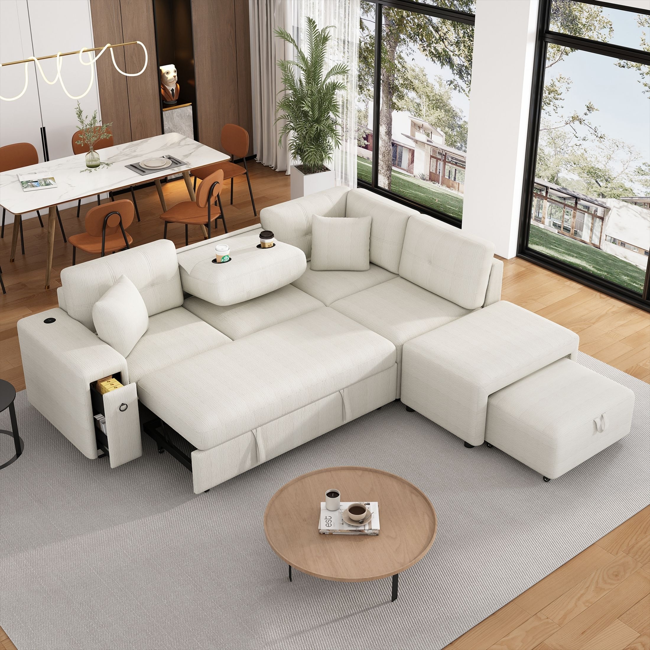 Oaks Aura 87 L Shaped Pull Out Sectional Sofa Bed w Movable Ottoman USB Charging Cup Holder Sectional couches for Living Room On Sale Bed Bath Beyond 41394316