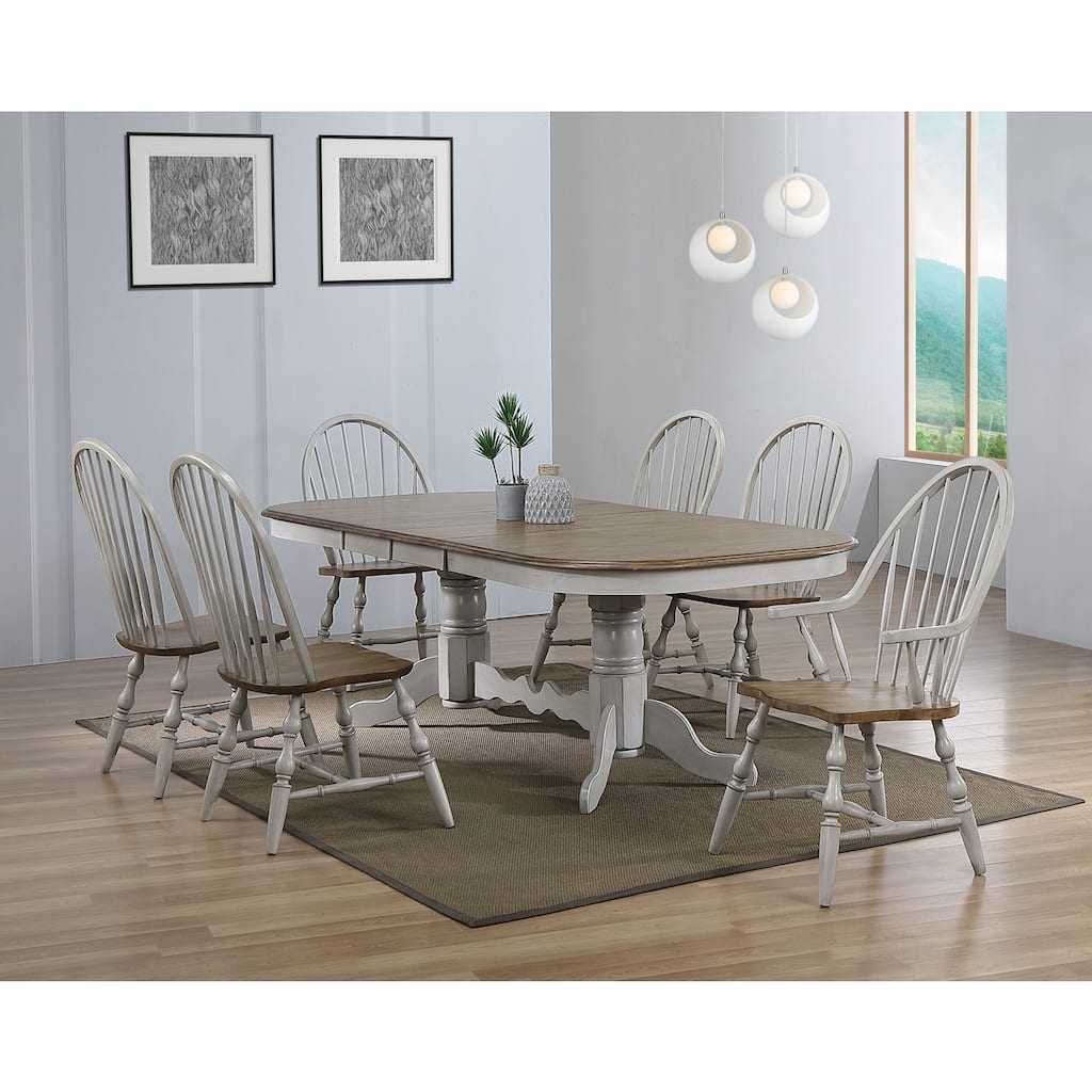 Extendable Dining Table Set - 7 Piece Oval Table with Chairs - Seats 10 - Gray & Brown Wood Finish