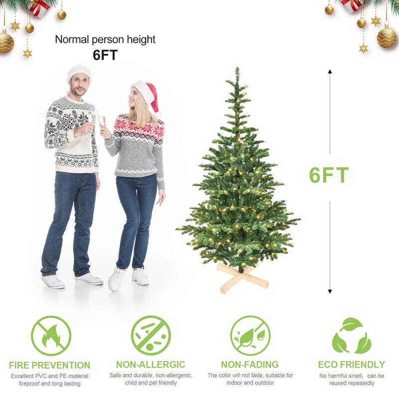 Pre-Lit Artificial Christmas Tree - Warm White LED Lights, PE+PVC Tips, Realistic Layered Look, Wooden Base - Green