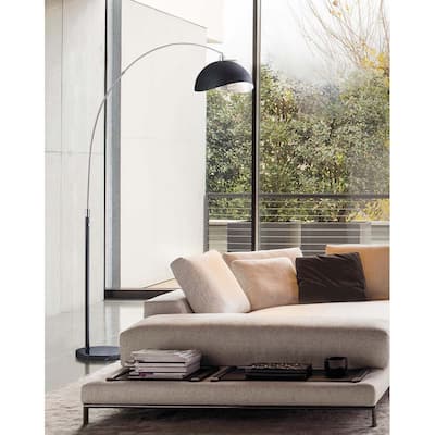 Luna Bella Arc Floor Lamp - 92", Antique Nickel, Matte Black/Silver Leaf Shade, Marble base, Dimmer Switch - Weathered Brass