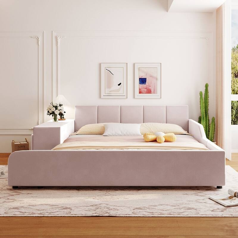 Upholstered Grounded Bed Mother & Child Bed with Bedside Desk and Little Round Stool