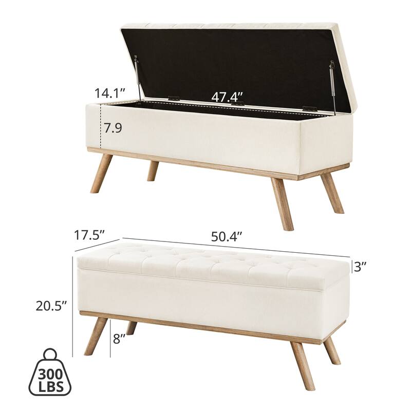 Mid-Century Modern Upholstered Storage Ottoman Button Tufted Fabric Storage Bench with Linen Seat - 17.5 D X 50.4 W X 20.5 H