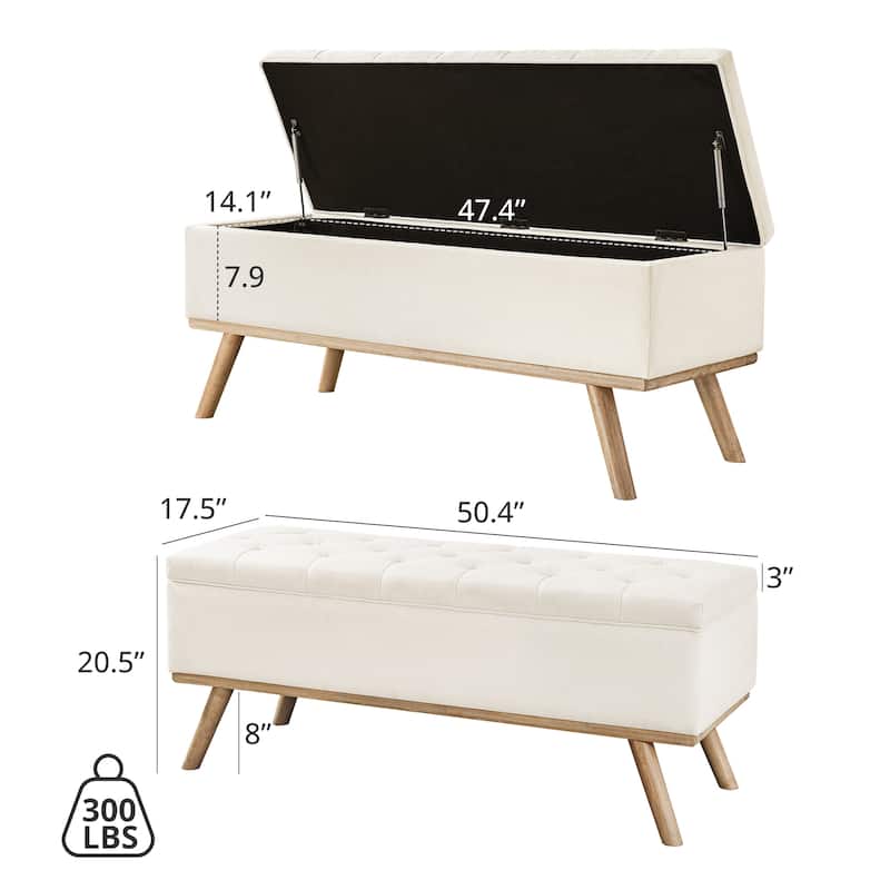 Modern Upholstered Storage Ottoman Button Tufted Storage Bench with Linen Seat End of Bed - 17.5 D X 50.4 W X 20.5 H