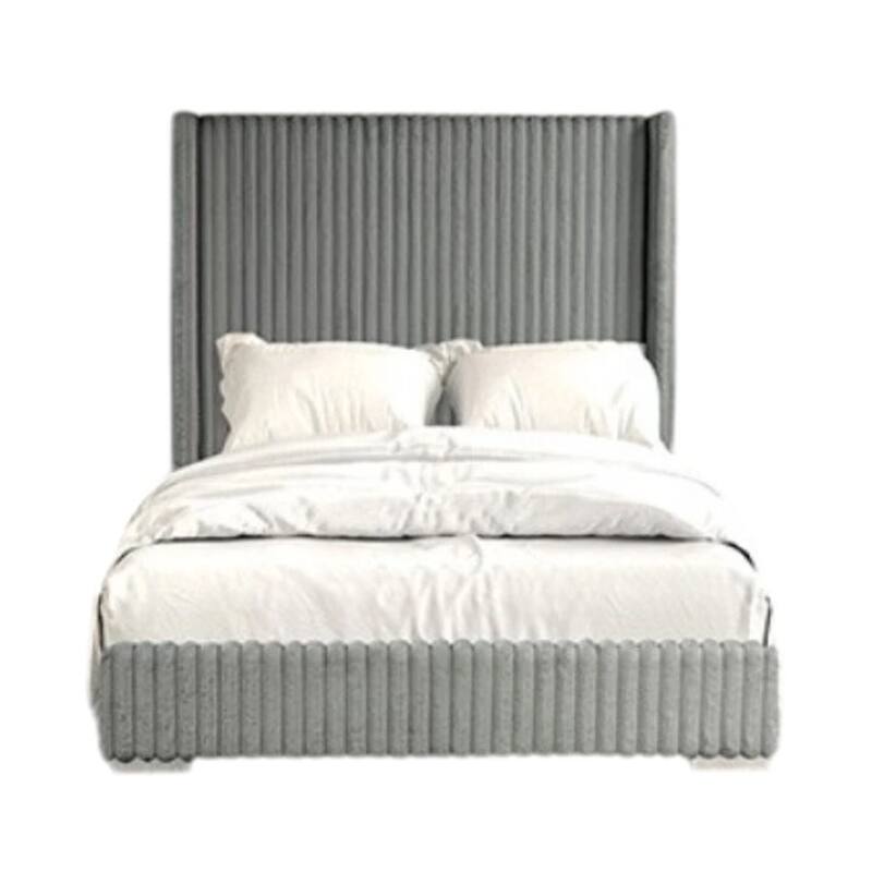 Wolo King Bed, Gray Fur Chenille Ribbed Upholstery, Wing Headboard