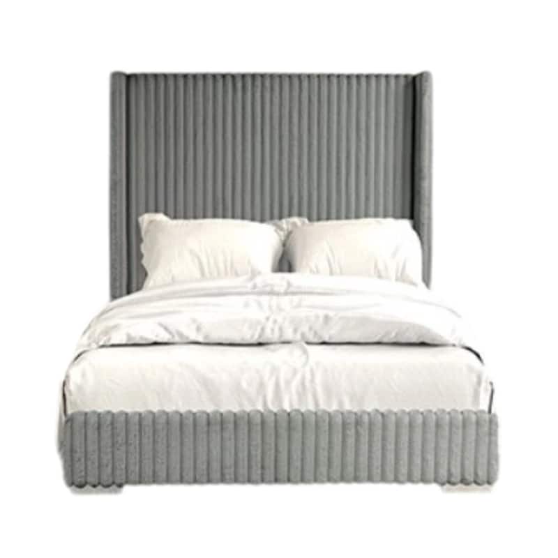 Wolo Queen Bed, Gray Fur Chenille Ribbed Upholstery, Wing Headboard