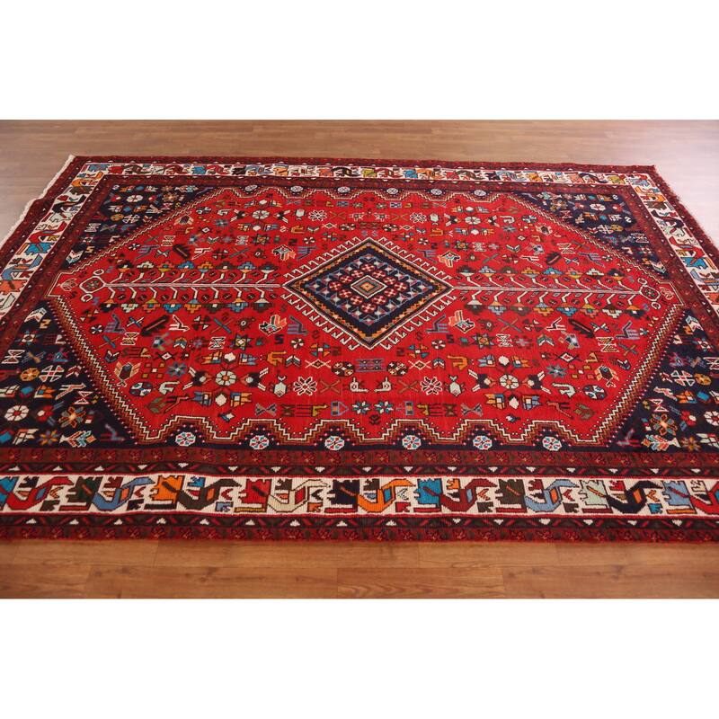 Hand Knotted Oriental 100% Wool Carpet Traditional Tribal Red Shiraz Area Rug - 9' 10'' X 6' 8''