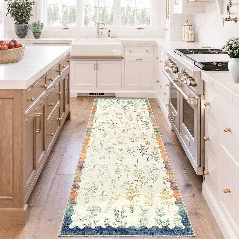 Botanical Washable Area Rug Modern Bird Pattern Rug Soft Non-Slip Low Pile Rugs for Living Room Bedroom